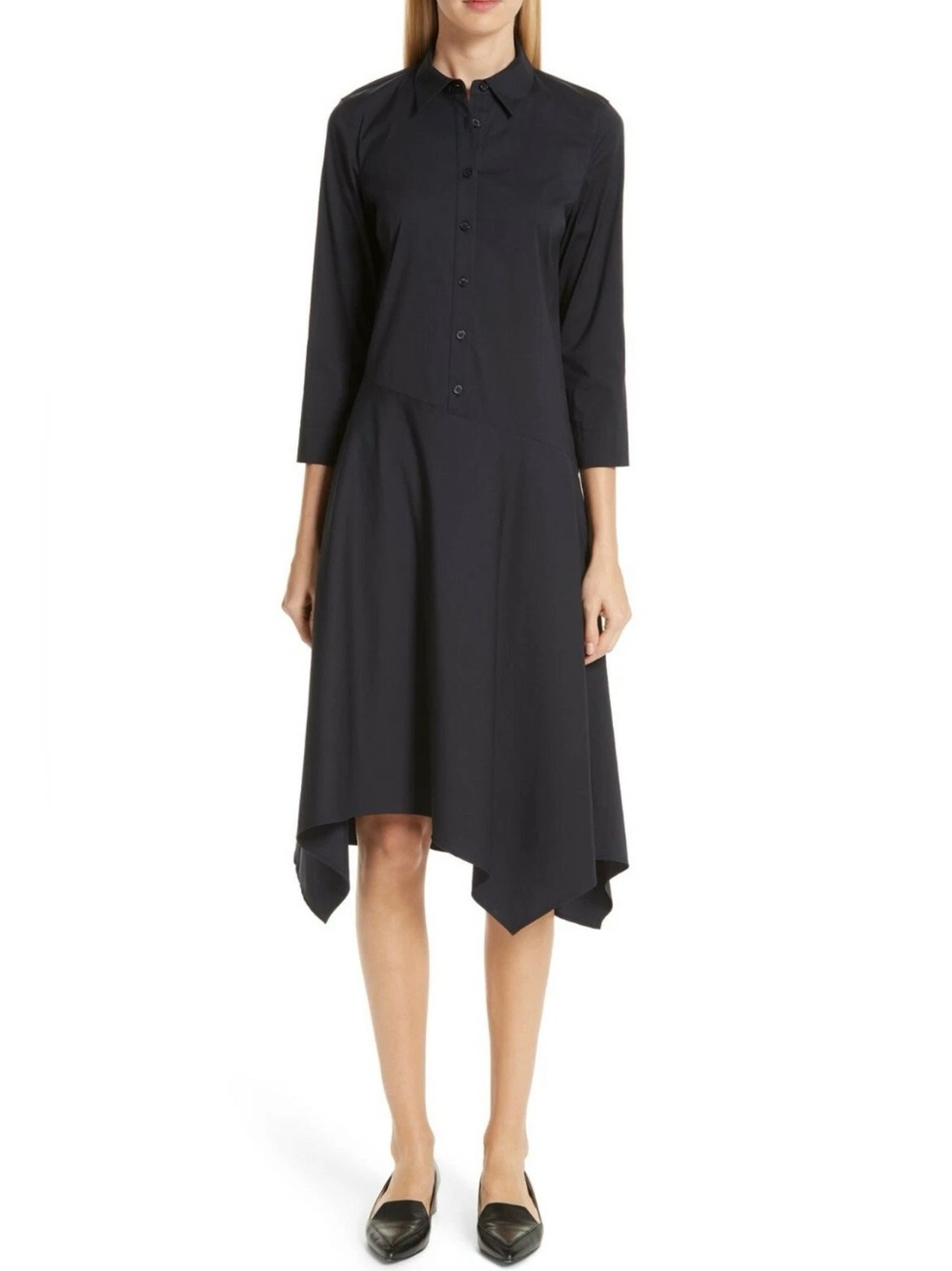 Lafayette 148 Rizzo Asymmetric Cotton Stretch Shirt Midi Dress 16 Navy Button
